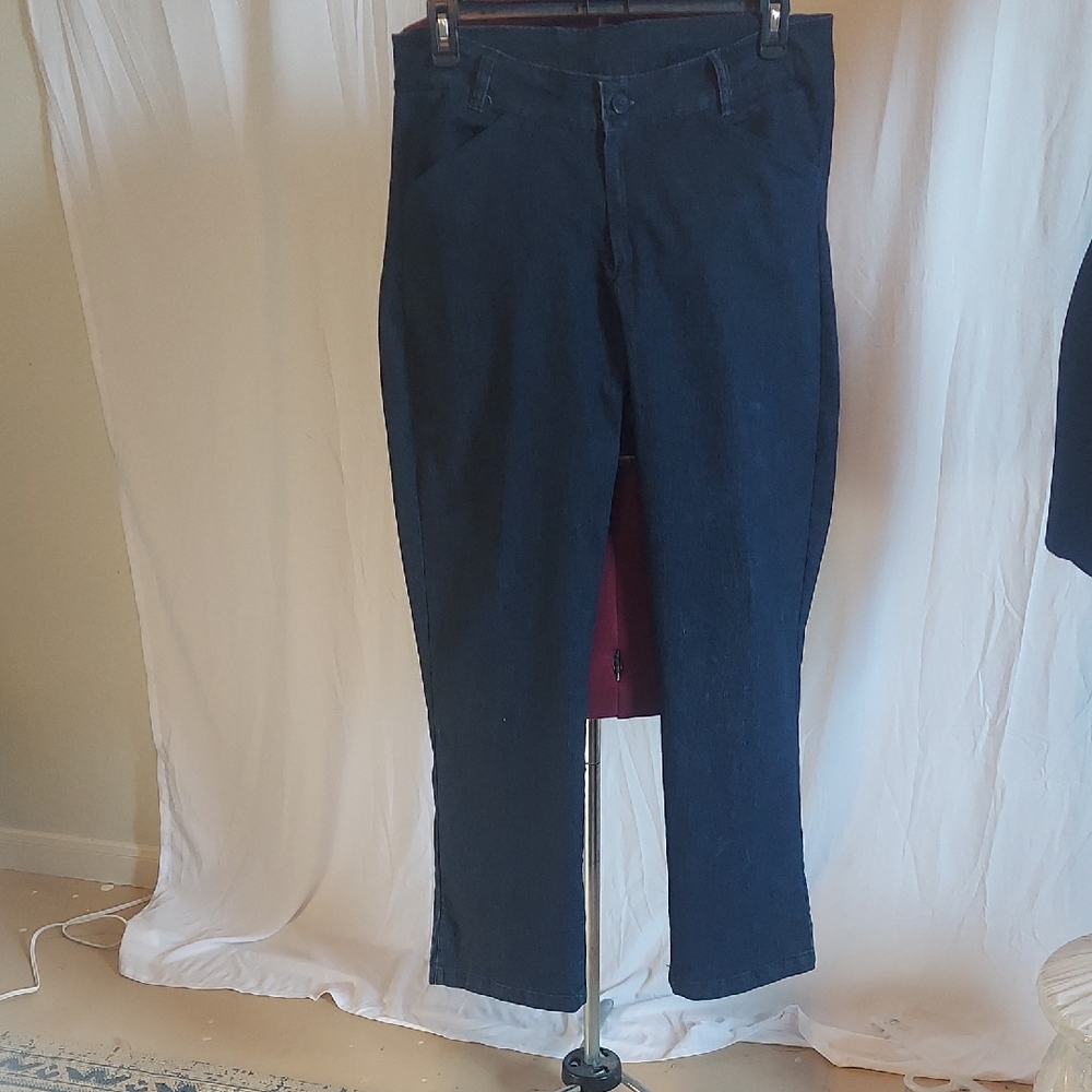 Dark stretch denim high-waist trousers / slacks. No tags. Size 18p
